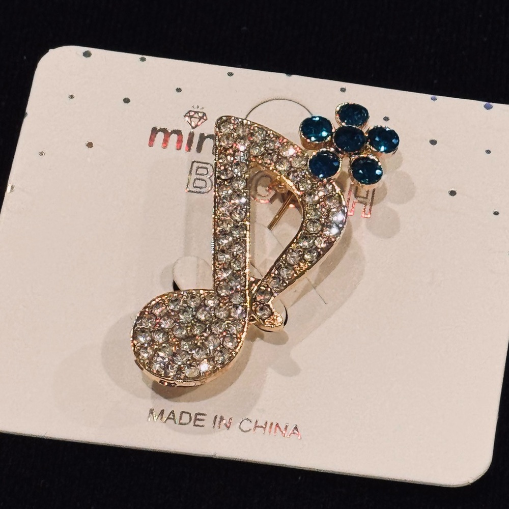 NWT Mint Rhinestone Music Note & Flower Brooch Pin Blue - Picture 3 of 8